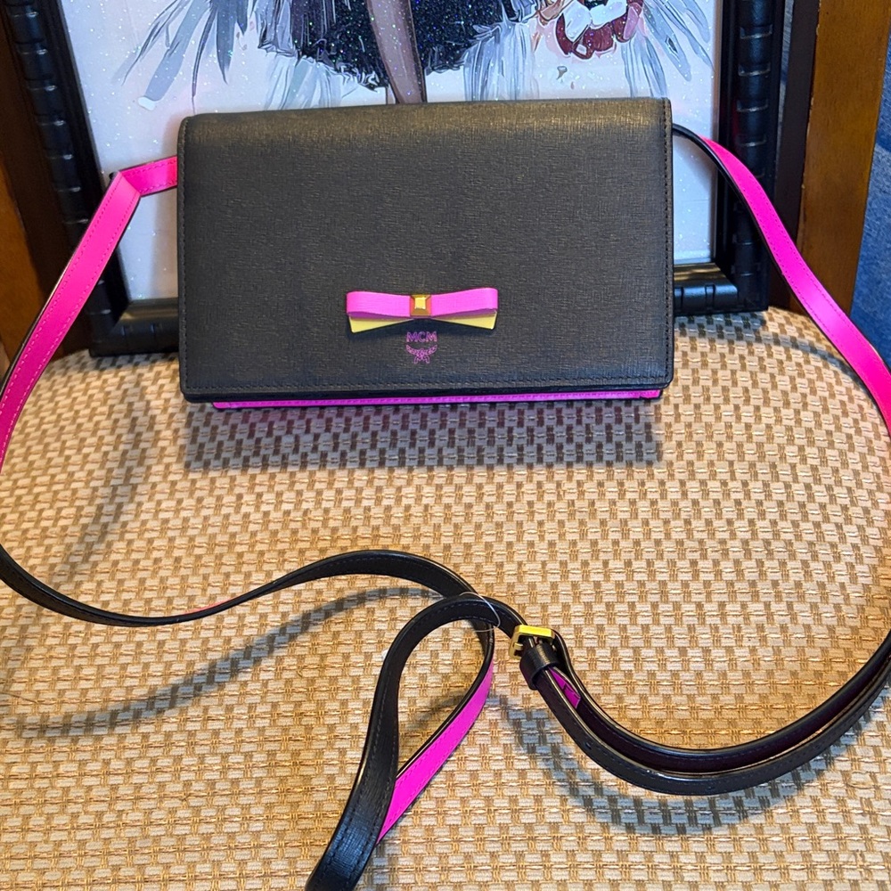 MCM Rare Black Crossbody with Pink and Gold Bow Accent